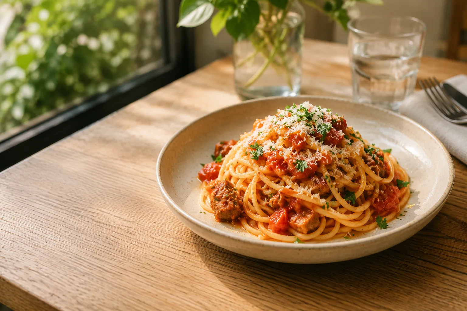 料理写真の作例。高さのある料理を斜め45度から、交点に寄せて余白を残し、明るく撮った構図イメージ。