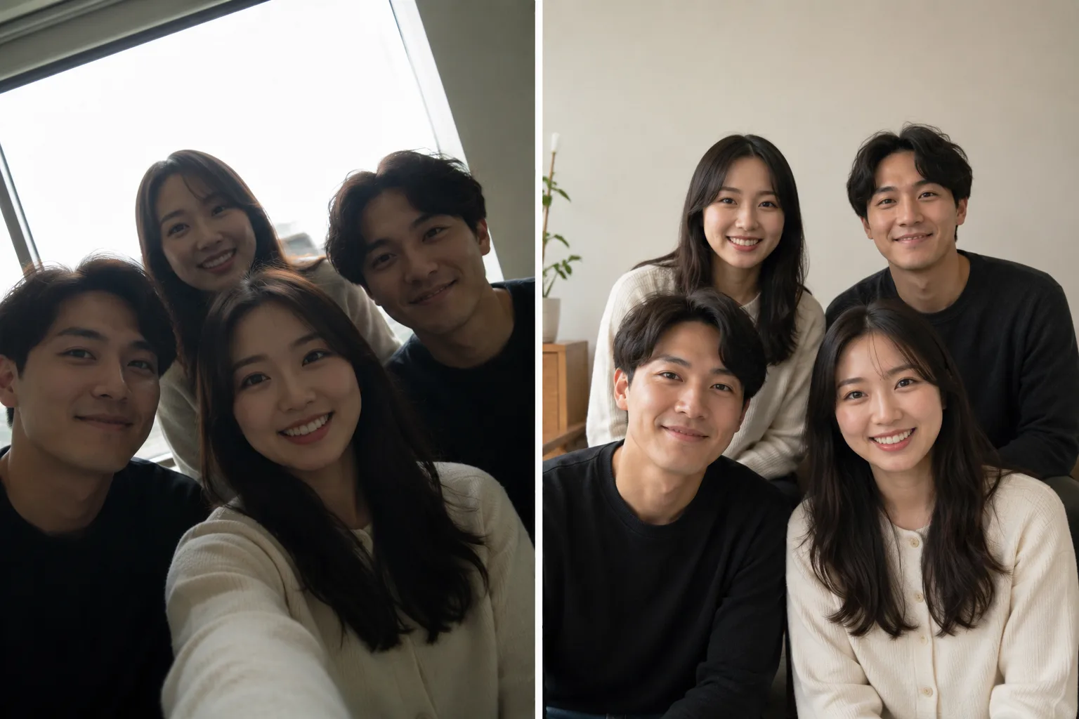集合写真のBefore/After。左は傾き・窮屈・暗い、右は水平・間隔・顔が明るい比較イメージ。