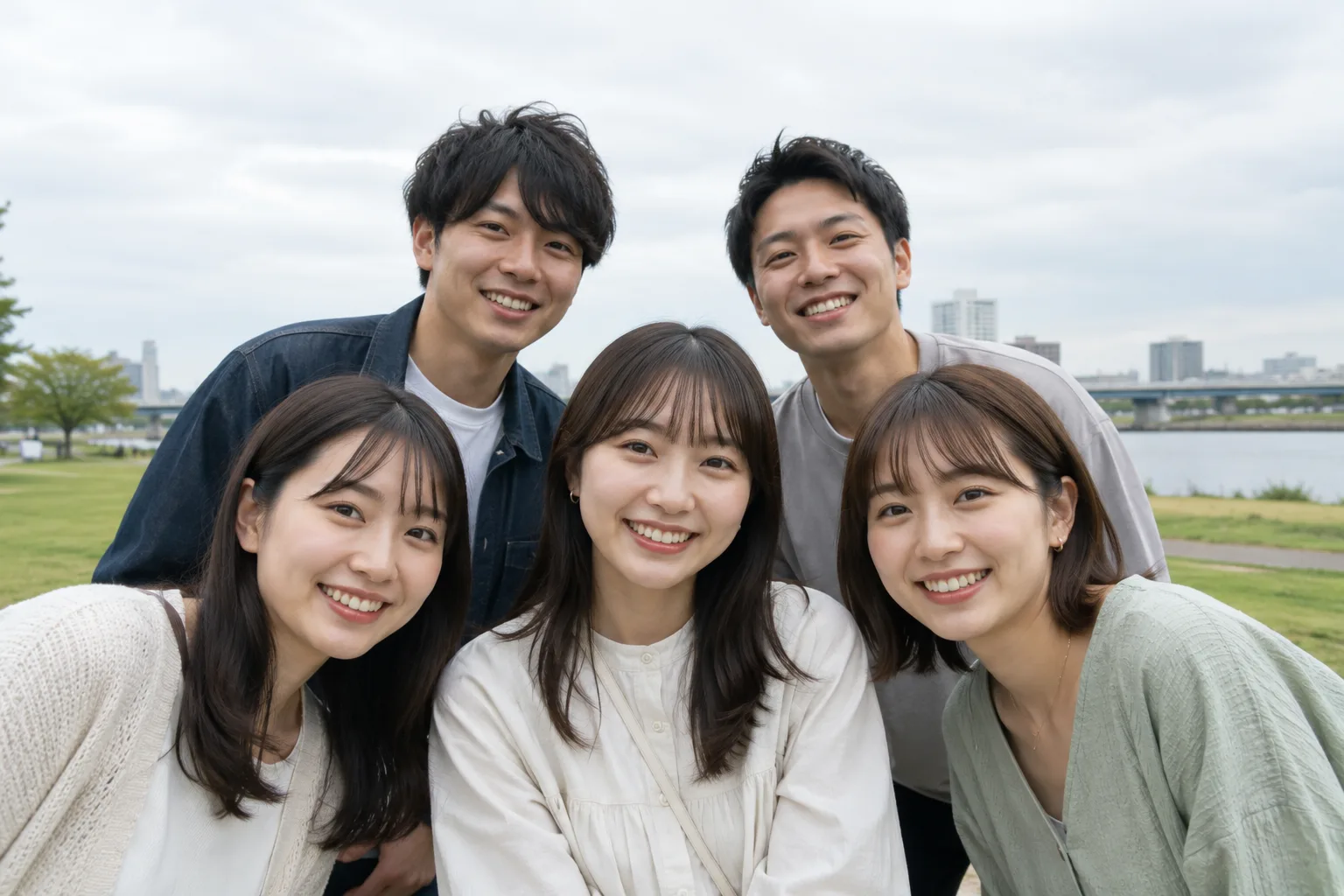 集合写真の作例。水平を取り、全員が無理なく入り顔が明るい構図イメージ。