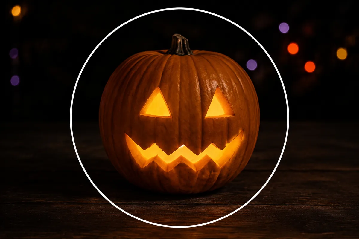 ハロウィンの作例。灯したかぼちゃランタン1つに寄り、背景の飾りをぼかして主役を際立たせた構図イメージ。