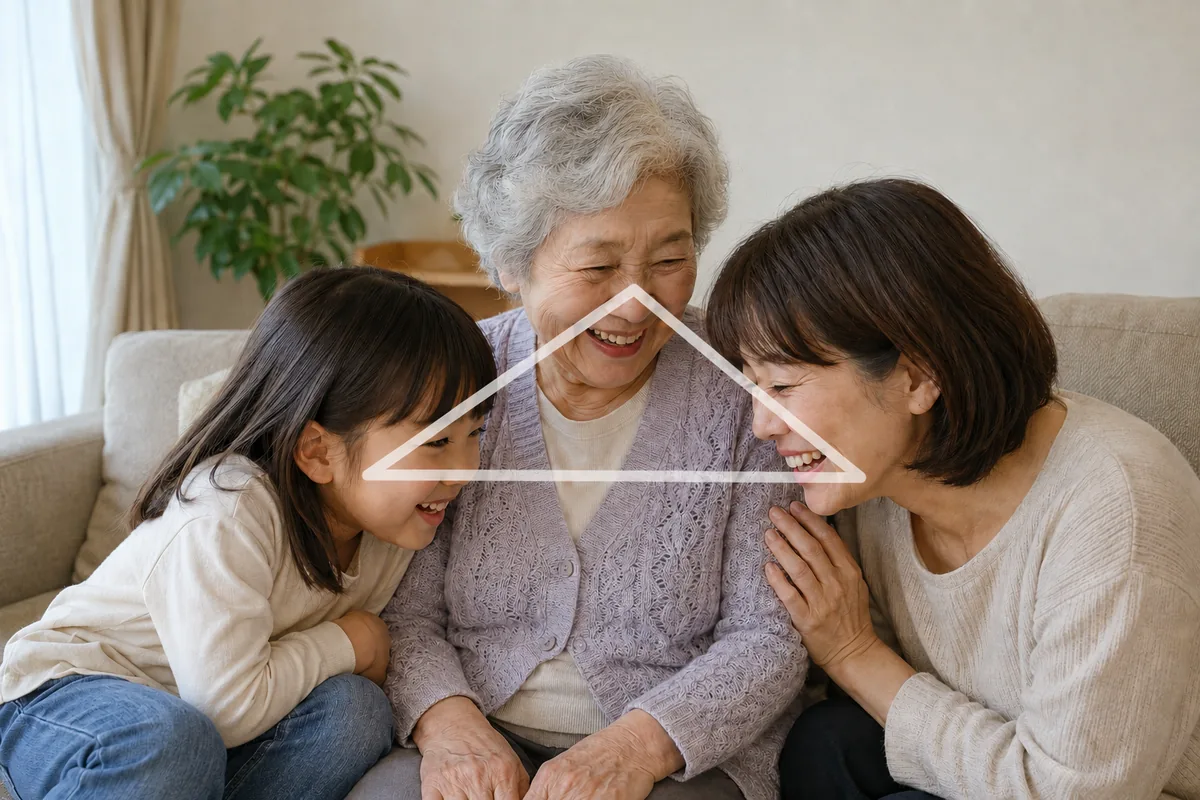 三世代写真の作例。座った人を中心に子どもと親が寄り添い、顔が三角形に並んだ構図イメージ。
