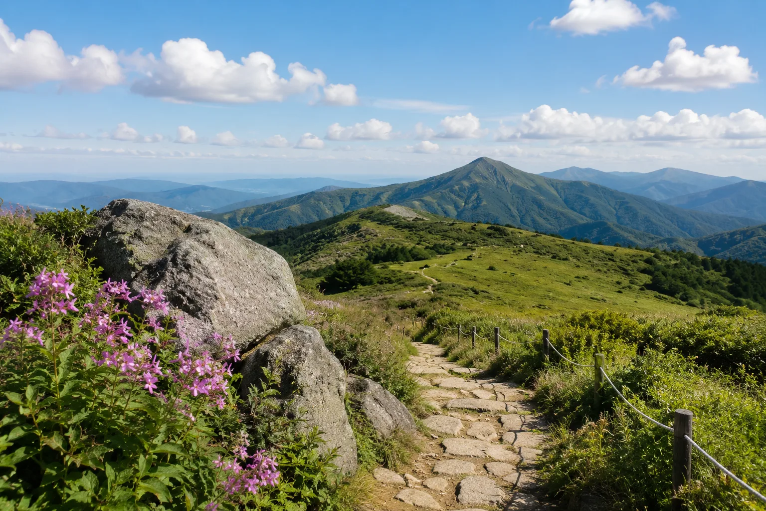 風景写真の作例。手前・中景・奥の層と水平を整え、奥行きを出した構図イメージ。