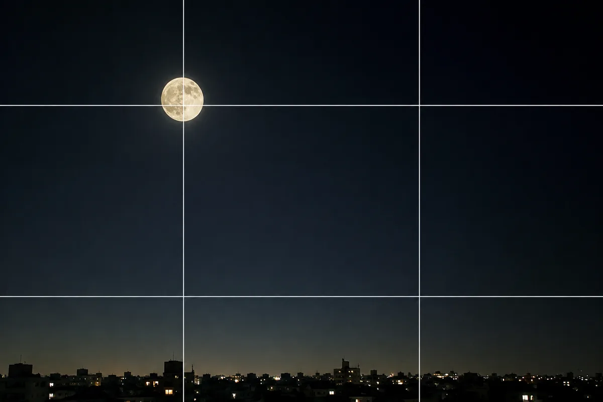 三分割法の作例。夜空の交点に月を置き、下に建物のシルエットを入れた月のある風景の構図イメージ。