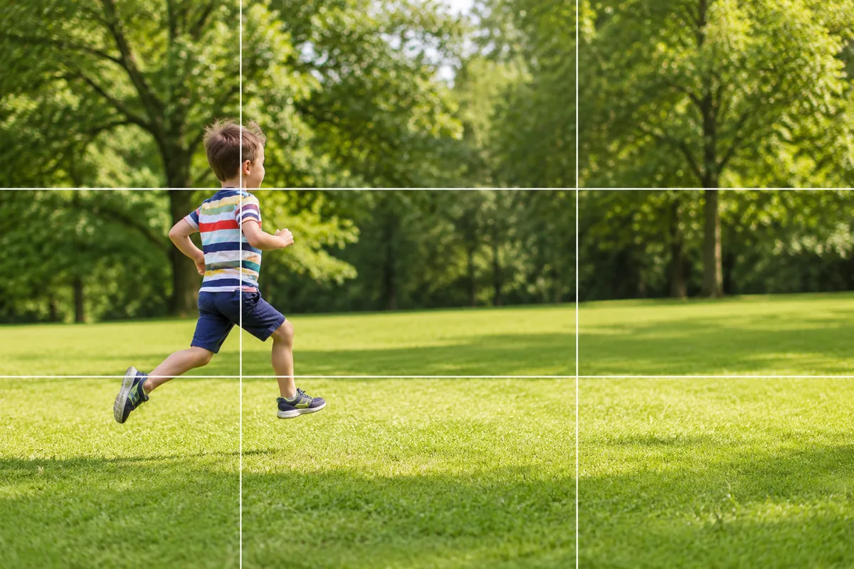走る子どもの作例。進む先に余白を取り、連写から選んだ1枚という想定の構図イメージ。