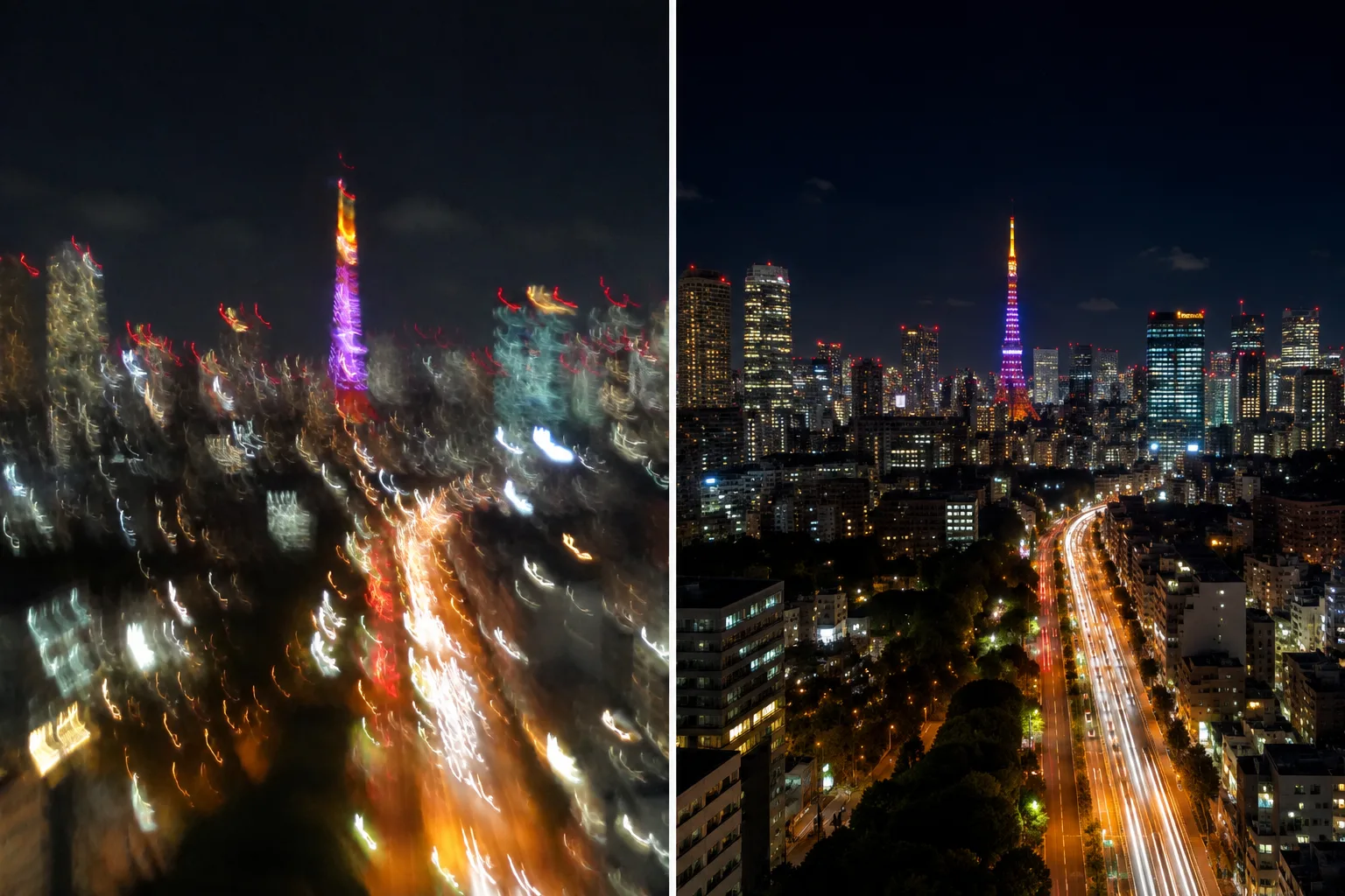 夜景写真のBefore/After。左は手持ちでブレて滲む、右は固定でくっきり鮮やかな比較イメージ。