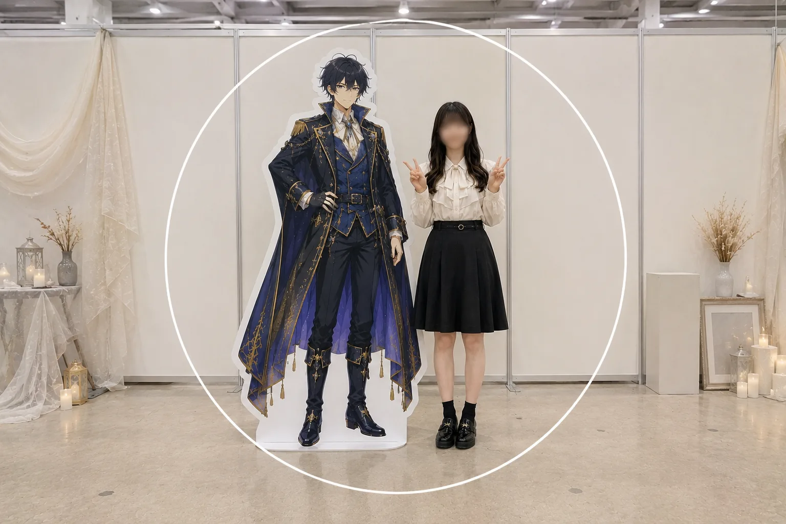 日の丸構図の作例。等身大パネルの隣に同じ奥行きで並んだ人物を、2人ひとまとまりの主役として画面中央に置いた、置き撮り＋セルフタイマー風の2ショット構図イメージ。