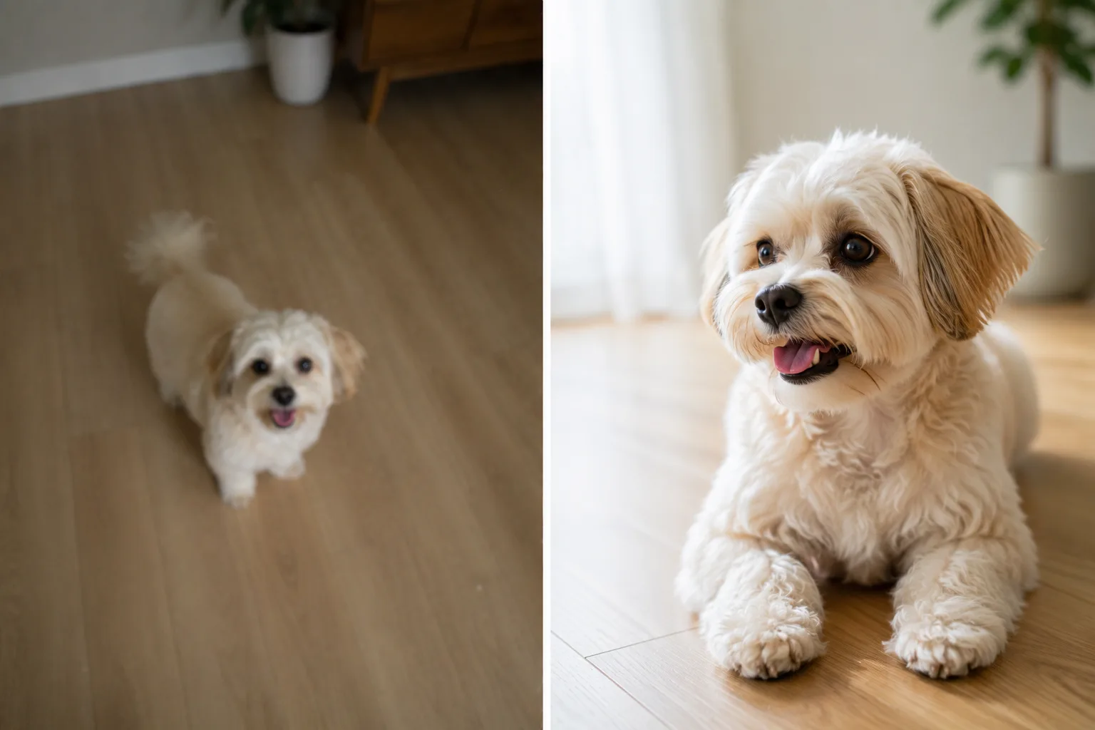 ペット写真のBefore/After。左は見下ろしてブレ床多め、右は目線で瞳くっきりの比較イメージ。