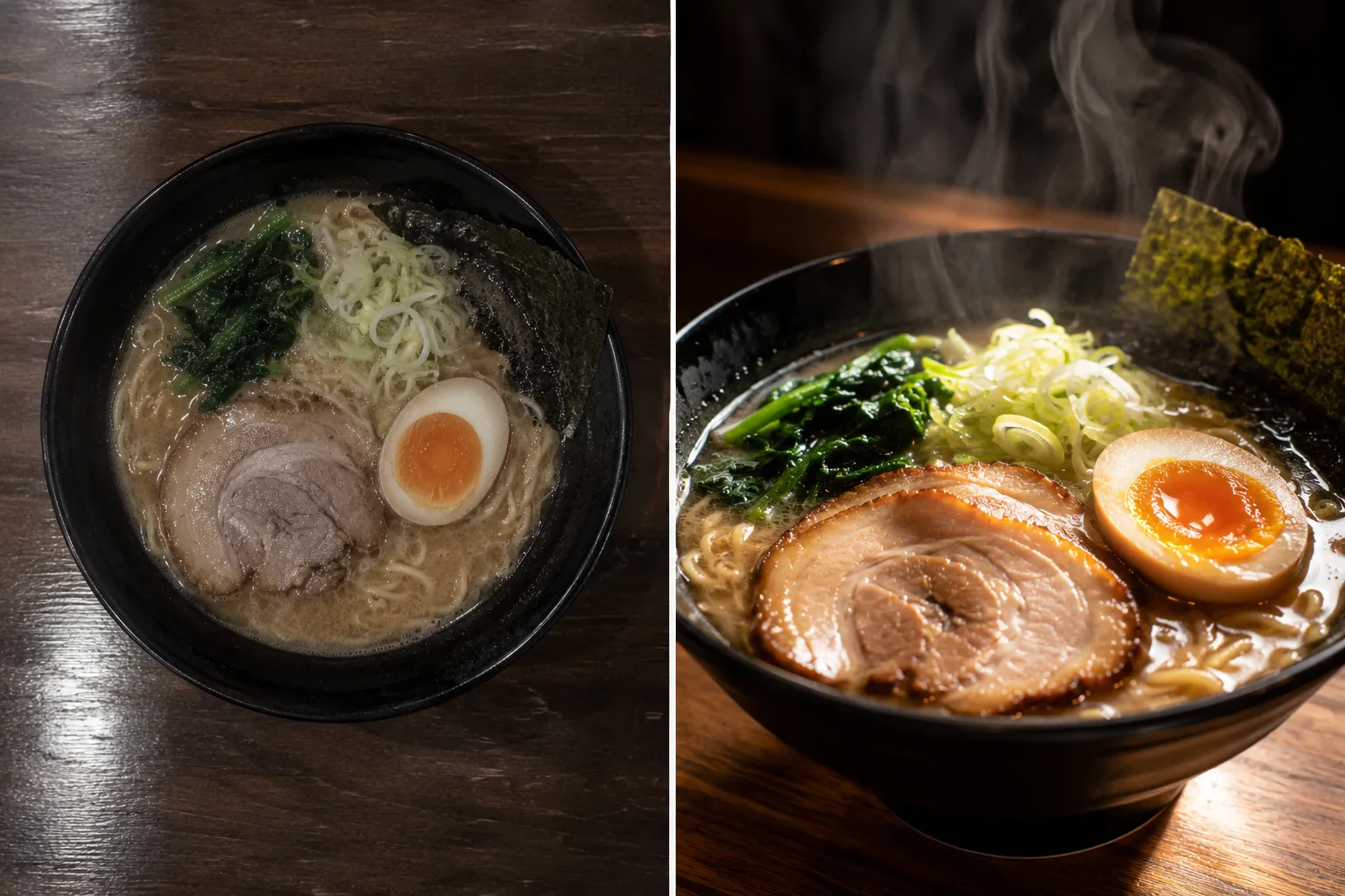 ラーメン写真のBefore/After。左は真上で暗く具が沈む、右は45度で湯気が見え明るい比較イメージ。