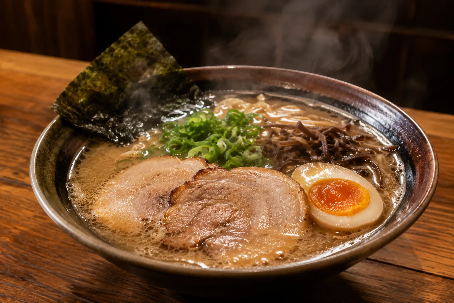 ラーメン写真の作例。45度から湯気を見せ、具を手前に寄せた構図イメージ。