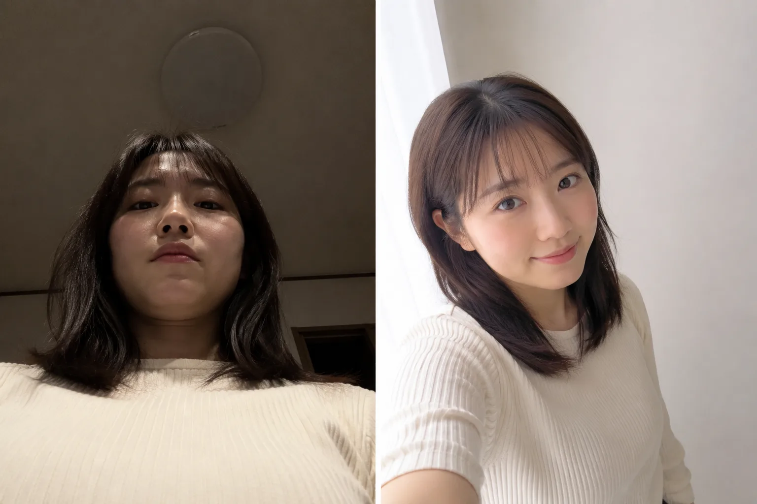 自撮りのBefore/After。左は低い角度で暗い、右は少し高い目線で明るく好印象な比較イメージ。