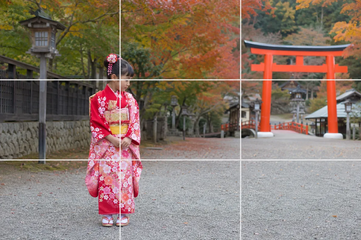 七五三の作例。神社の参道で着物の子どもを全身で捉え、鳥居を背景に三分割で配置した構図イメージ。