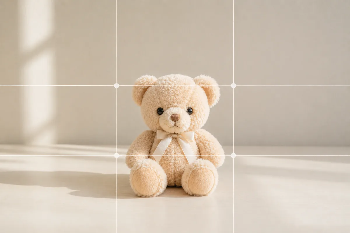 日の丸構図の作例。片付いたテーブルにぬいを中央に置き、余白で引き立てた構図イメージ。