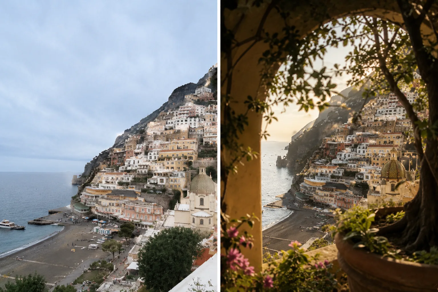 旅行写真のBefore/After。左は観光案内っぽい全景、右は枠越しに主役を切り取った比較イメージ。